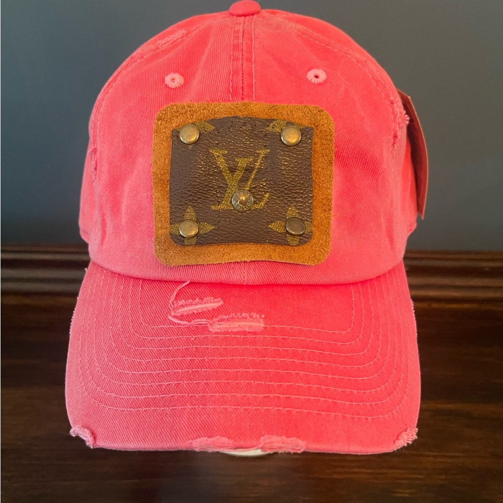 Upcycled luxury brand patch, distressed baseball hat